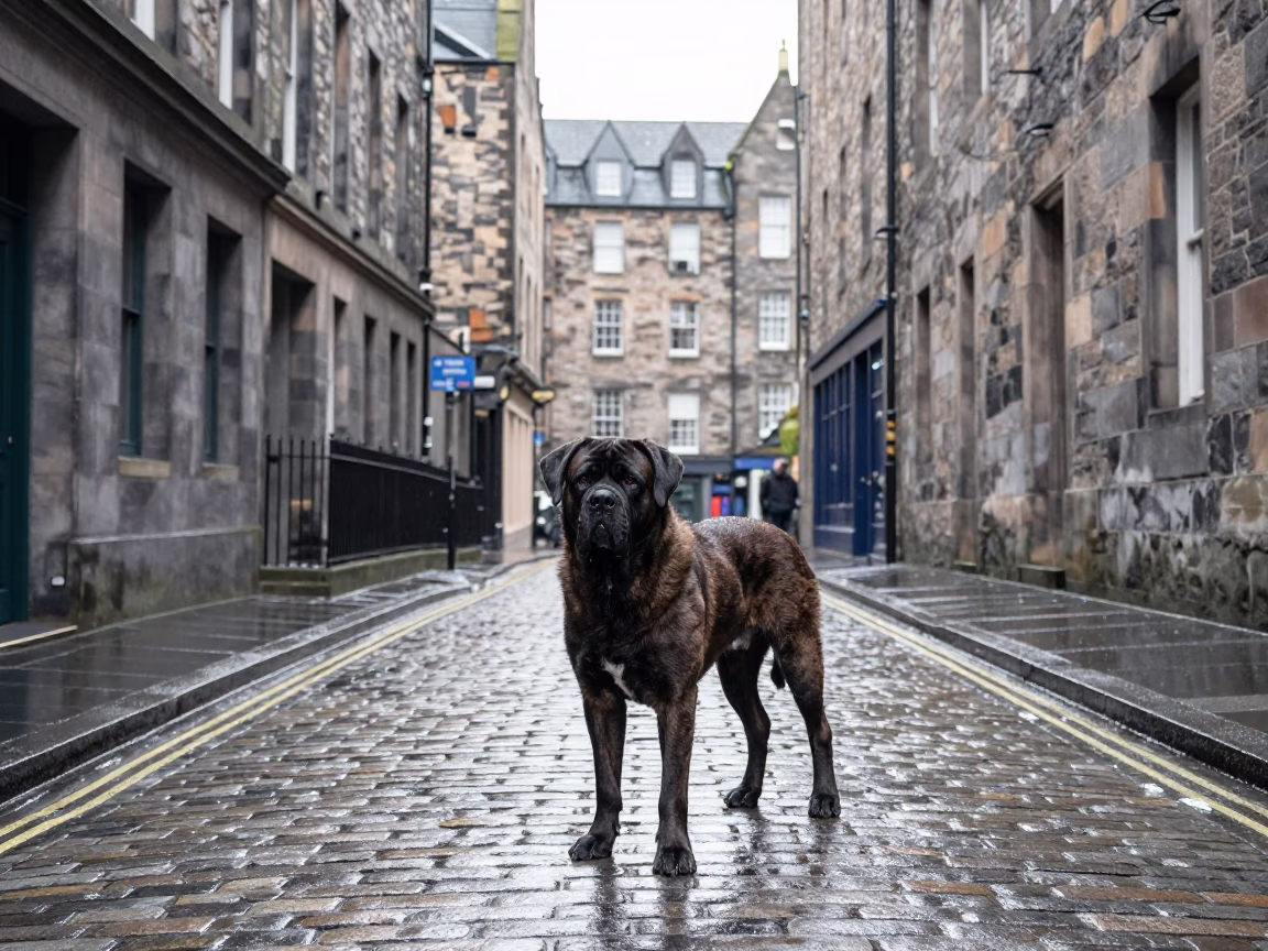 Edinburgh Street Scene with Bullmastiff and Condensation on Rail at Noon in in Edinburgh, United Kingdom