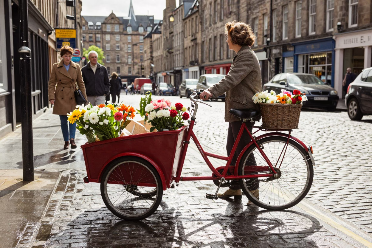 Edinburgh Street Scene with Cargo Bicycle and Local Interaction at Noon in in Edinburgh, United Kingdom
