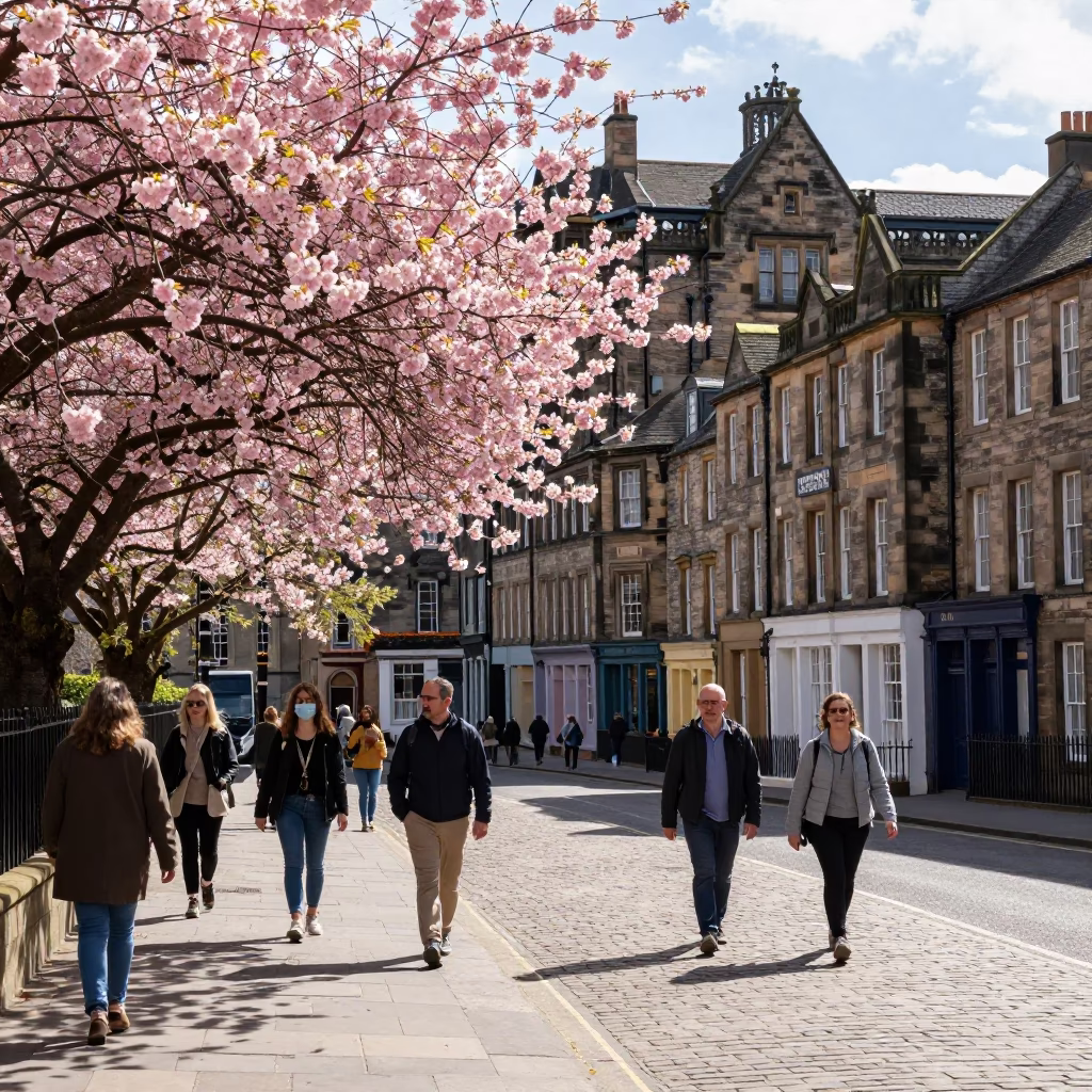 Edinburgh Street Scene with Cherry Blossoms and Traditional Architecture in Bright Midmorning Light in in Edinburgh, United Kingdom