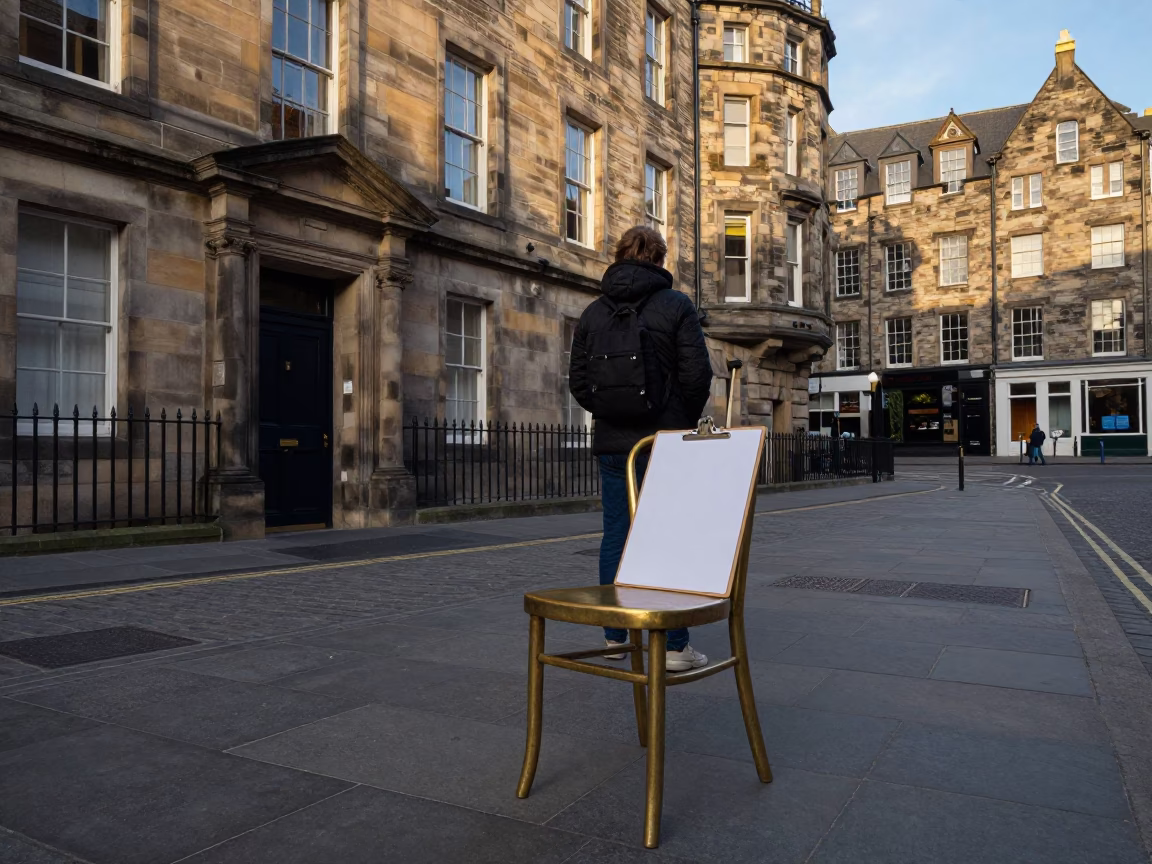 Edinburgh Street Scene with Clipboard and Brass Chair in Early Afternoon Light in in Edinburgh, United Kingdom