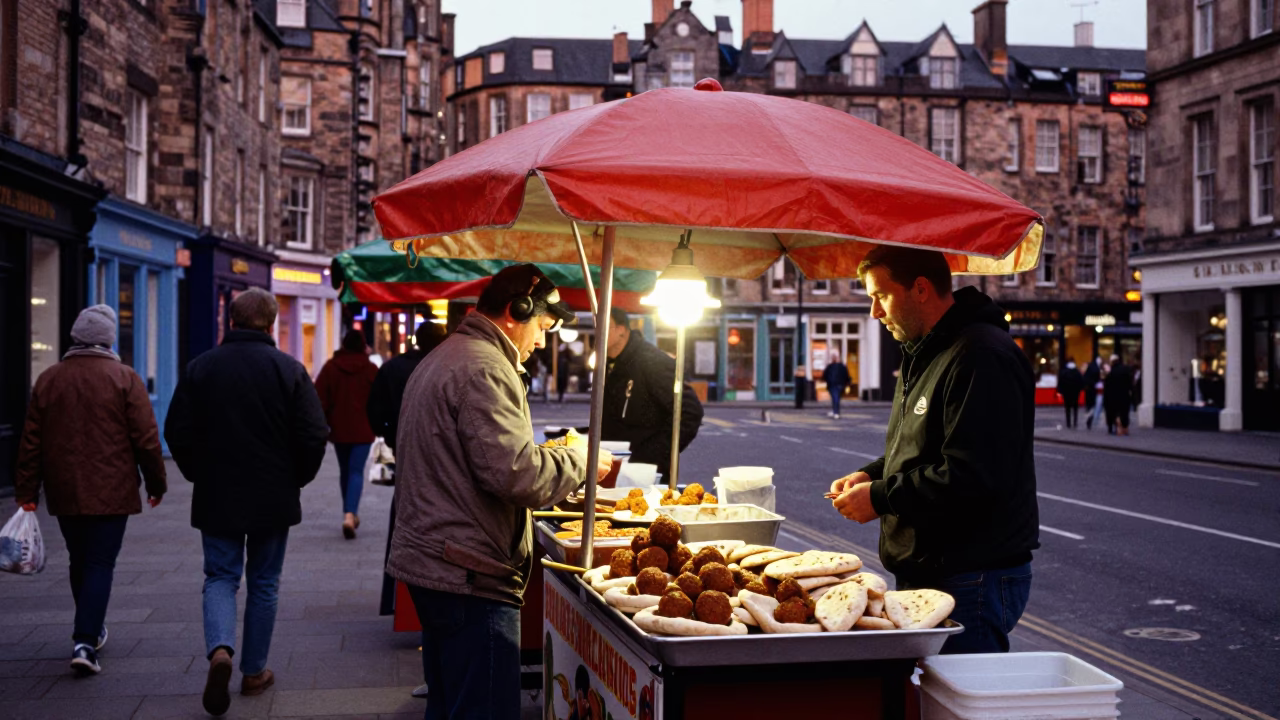 Edinburgh street scene with colorful street food vendors under copper-toned dusk light in in Edinburgh, United Kingdom
