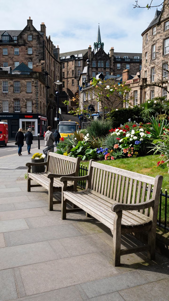 Edinburgh Street Scene with Garden Benches and Urban Details Under Noon Sun in in Edinburgh, United Kingdom