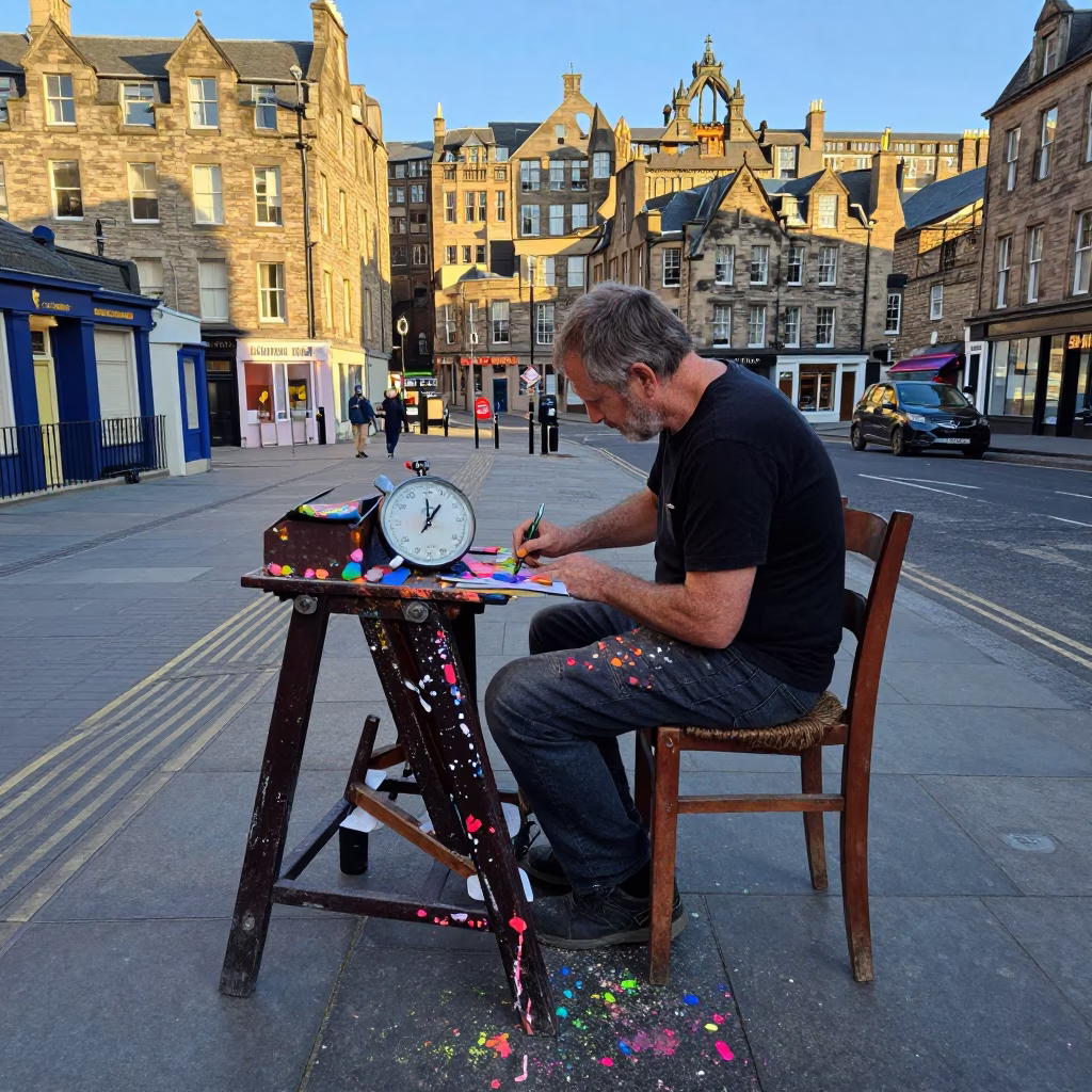 Edinburgh Street Scene with Paint Flecks and Stopwatch in Late Afternoon Light in in Edinburgh, United Kingdom