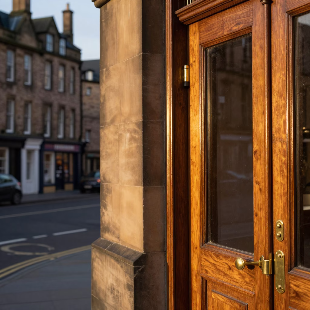 Edinburgh Street Scene with Polished Brass Hinge and Glass Vase in Honeyed Evening Light in in Edinburgh, United Kingdom