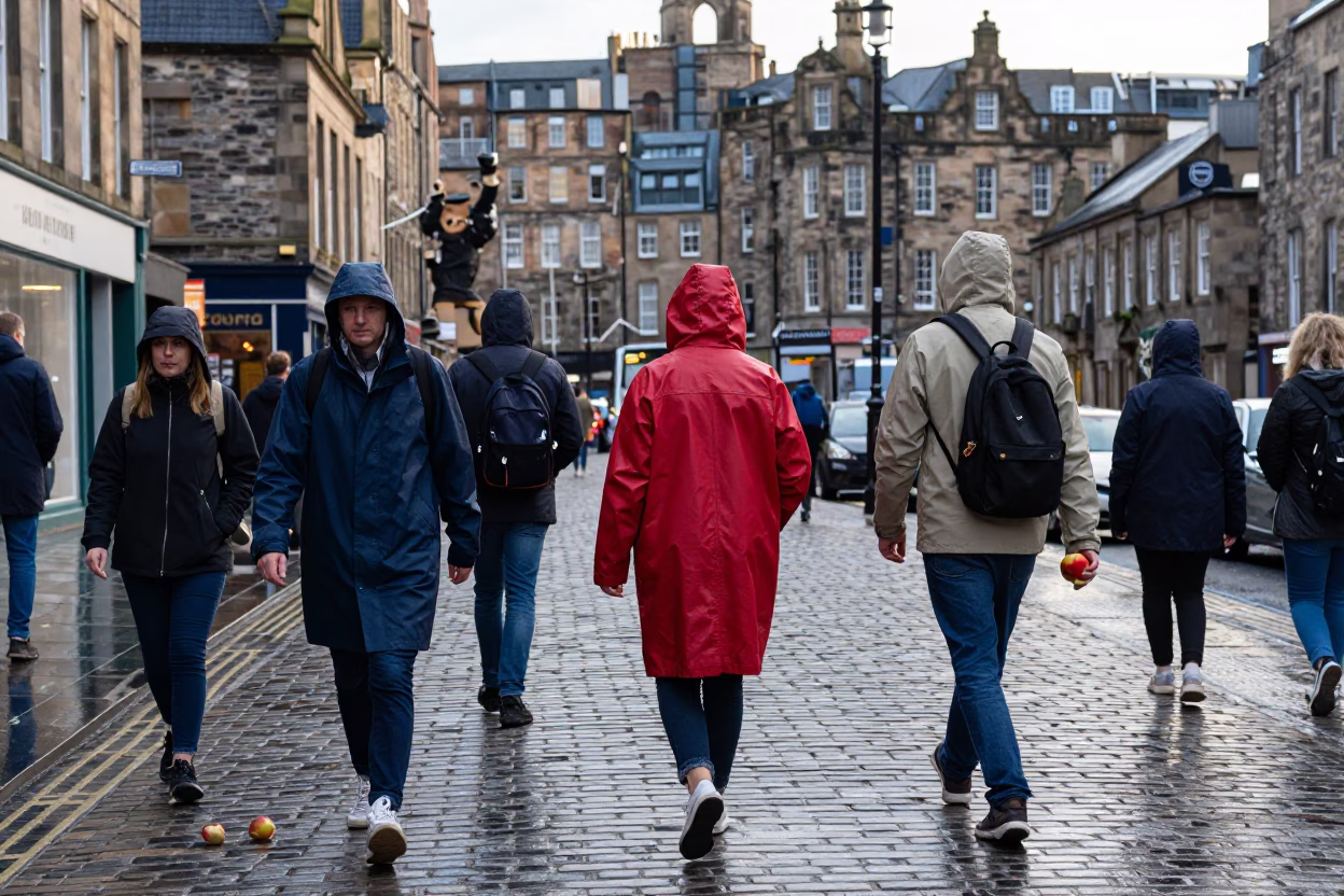 Edinburgh Street Scene with Raincoats and Apples in Late Afternoon Light in in Edinburgh, United Kingdom