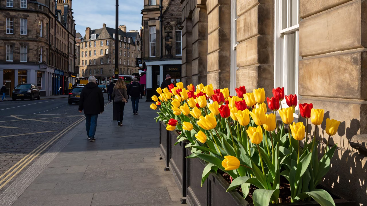 Edinburgh Street Scene with Red and Yellow Tulips in Late Afternoon Light in in Edinburgh, United Kingdom