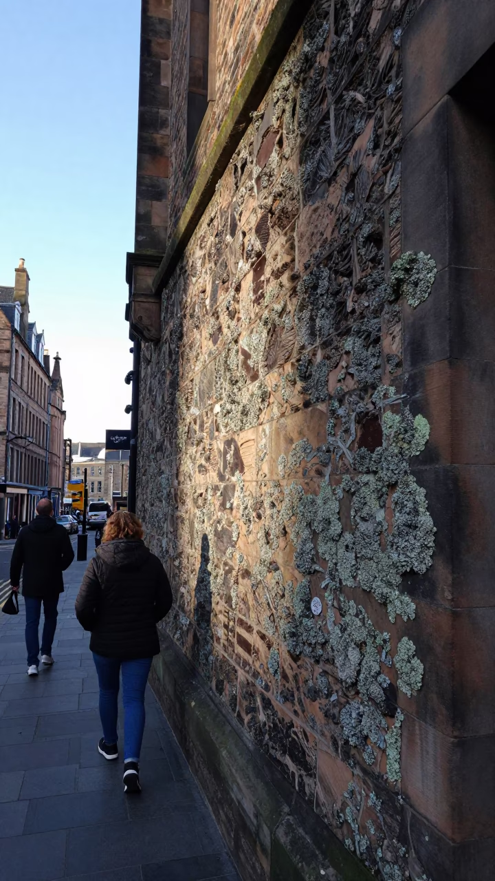 Edinburgh Street Scene with Rock Face Lichen and Urban Detail in Late Afternoon Light in in Edinburgh, United Kingdom