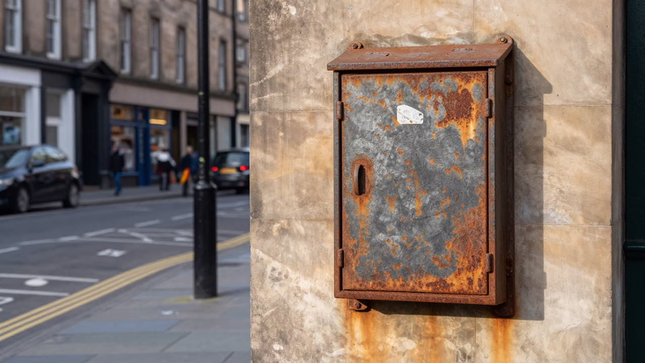 Edinburgh Street Scene with Rusty Metal Fixture and Vintage Car Rally in Background in in Edinburgh, United Kingdom