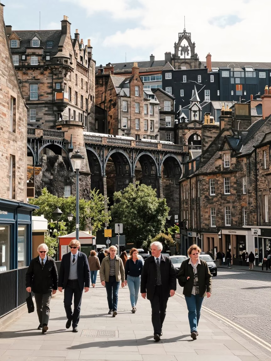 Edinburgh Street Scene with Train Trestle Bridge Over Gorge in Bright Midmorning Light in in Edinburgh, United Kingdom