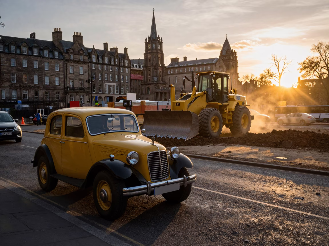 Edinburgh street scene with vintage car and construction activity at sunset in in Edinburgh, United Kingdom