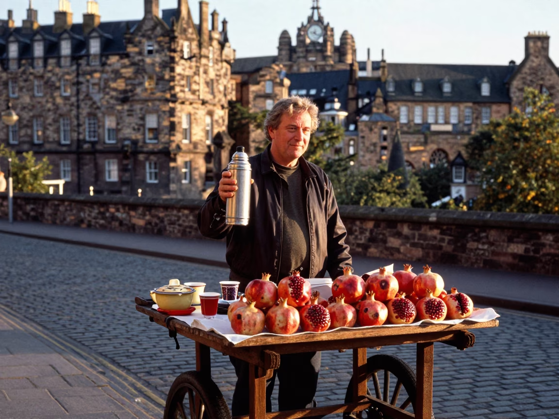 Edinburgh Street Vendor Sells Pomegranates and Tea Near Castle Walls in in Edinburgh, United Kingdom