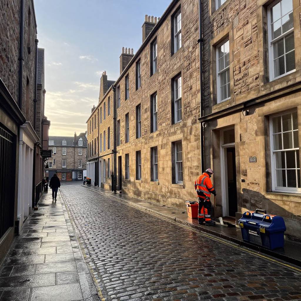 Edinburgh Sunrise Street Scene with Construction Toolbox and Blue Porcelain Jar in in Edinburgh, United Kingdom