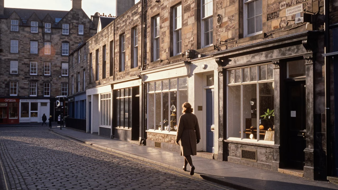 Edinburgh Sunrise Street Scene with Vintage 1970s Charm and Local Details in in Edinburgh, United Kingdom