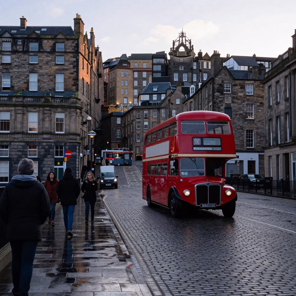 Edinburgh Sunrise Street Scene with Vintage Bus and Cobblestone Pavement in in Edinburgh, United Kingdom