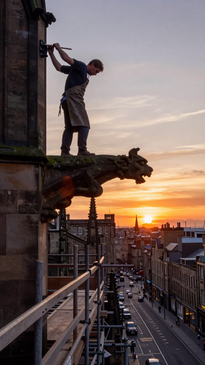 Edinburgh Sunset Stonemason Chiseling Cathedral Gargoyle on Scaffold in in Edinburgh, United Kingdom