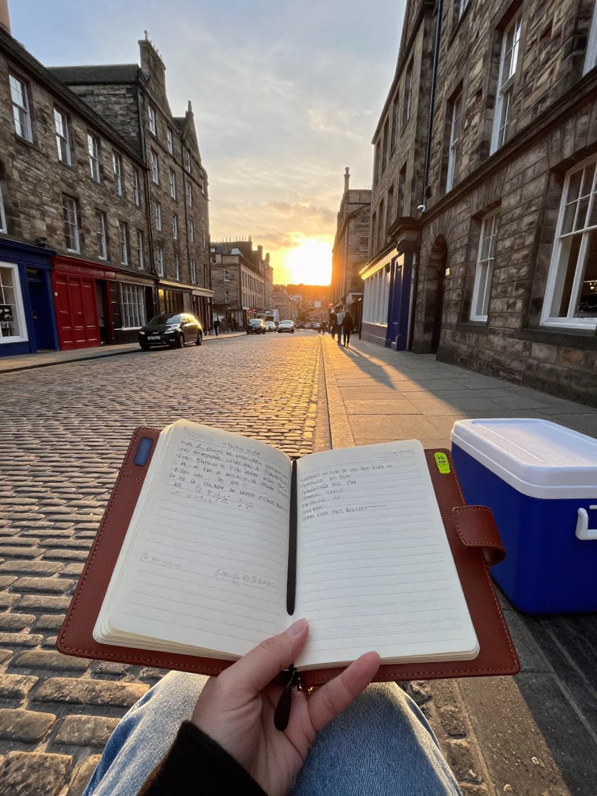 Edinburgh Sunset Street Scene with Address Book and Cooler Jug in in Edinburgh, United Kingdom