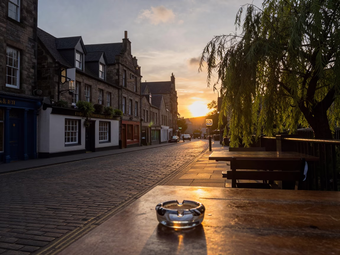 Edinburgh Sunset Street Scene with Ashtray and Weeping Willow in in Edinburgh, United Kingdom