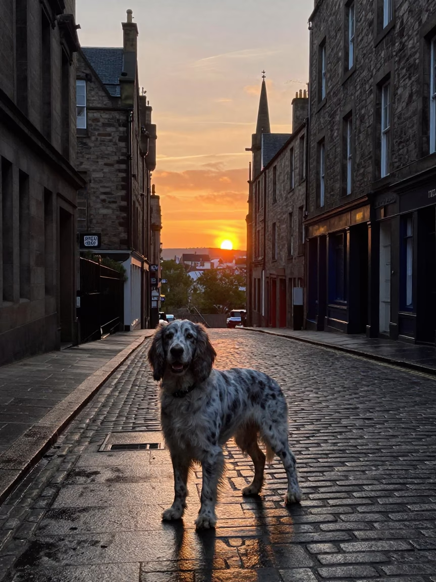 Edinburgh Sunset Street Scene with Blue Picardy Spaniel and Cobblestone Alley in in Edinburgh, United Kingdom
