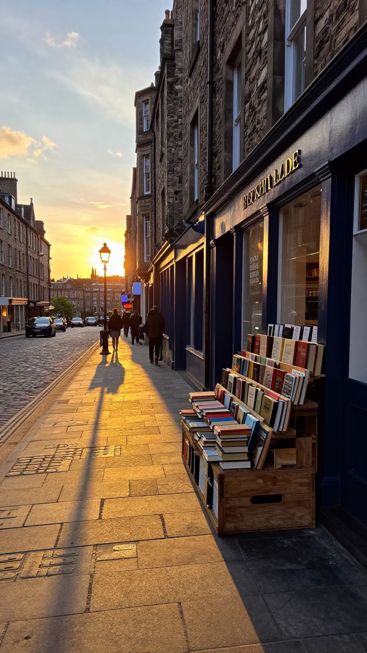 Edinburgh Sunset Street Scene with Books and Wicker Shadows on Window Glass in in Edinburgh, United Kingdom