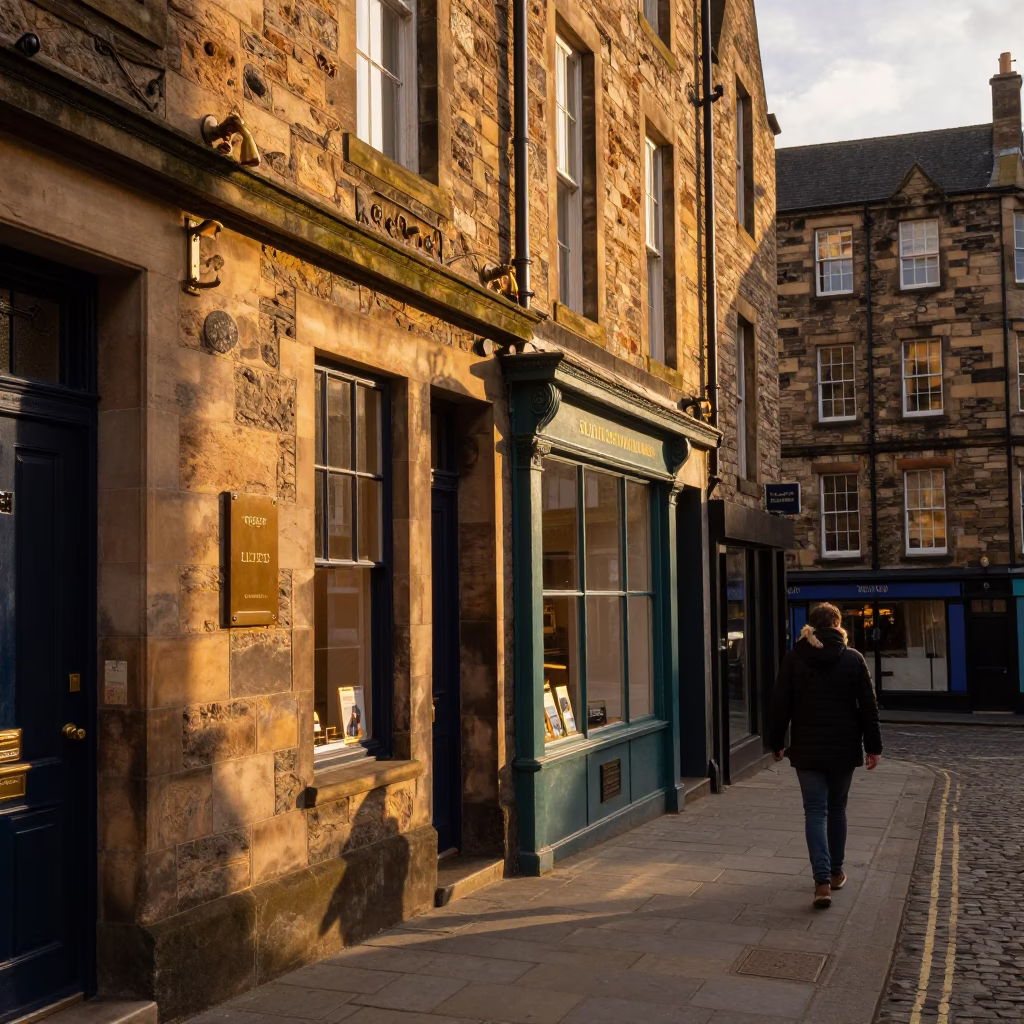 Edinburgh Sunset Street Scene with Brass Hardware and Vintage Details in in Edinburgh, United Kingdom
