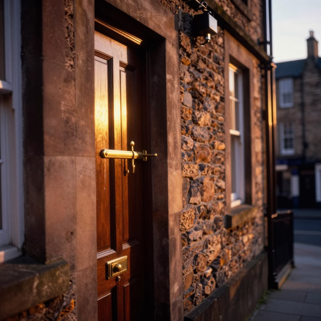 Edinburgh Sunset Street Scene with Brass Latch and Paint Flecks on Historic Building in in Edinburgh, United Kingdom
