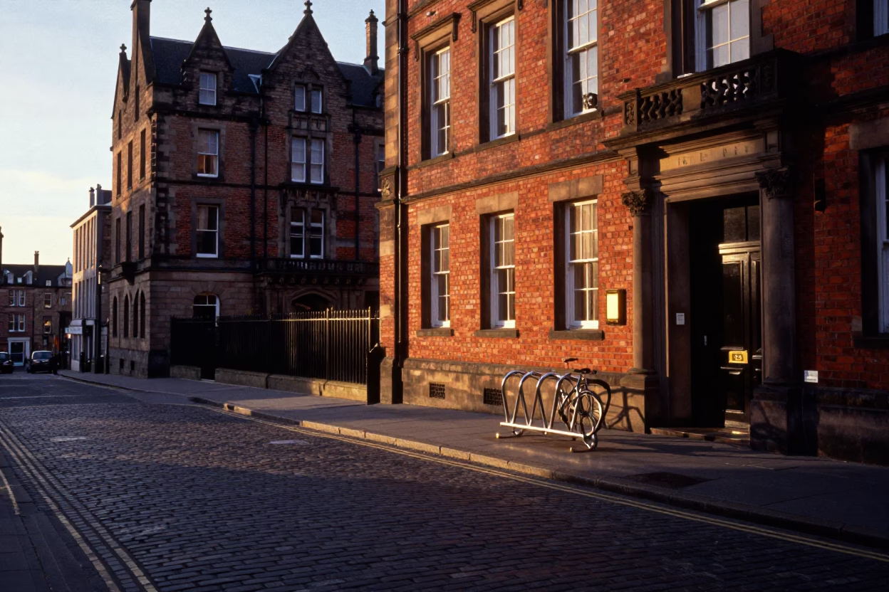Edinburgh Sunset Street Scene with Campus Bicycle Rack and Local Pedestrians in in Edinburgh, United Kingdom