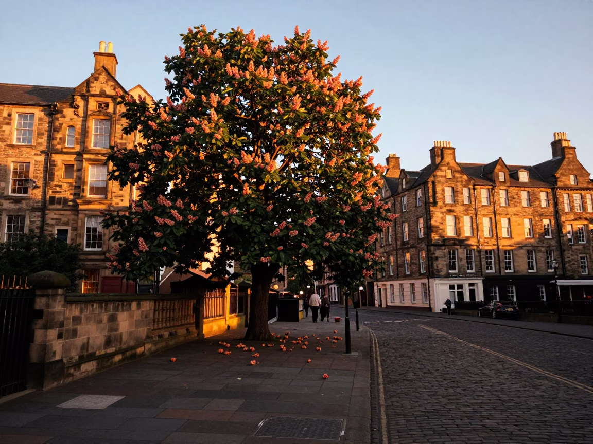 Edinburgh Sunset Street Scene with Chestnut Tree and Historic Stone Architecture in in Edinburgh, United Kingdom