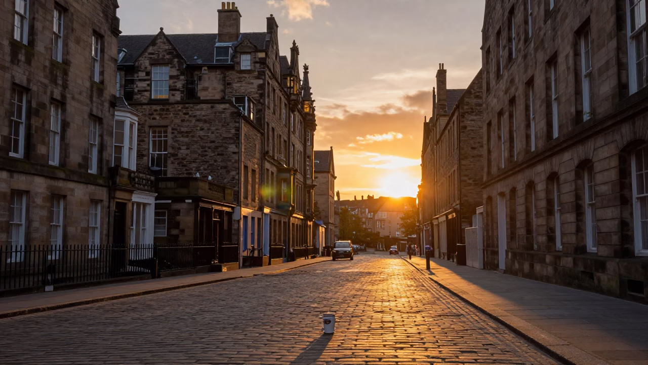 Edinburgh Sunset Street Scene with Coffee Cup and Umbrella Near Royal Mile in in Edinburgh, United Kingdom