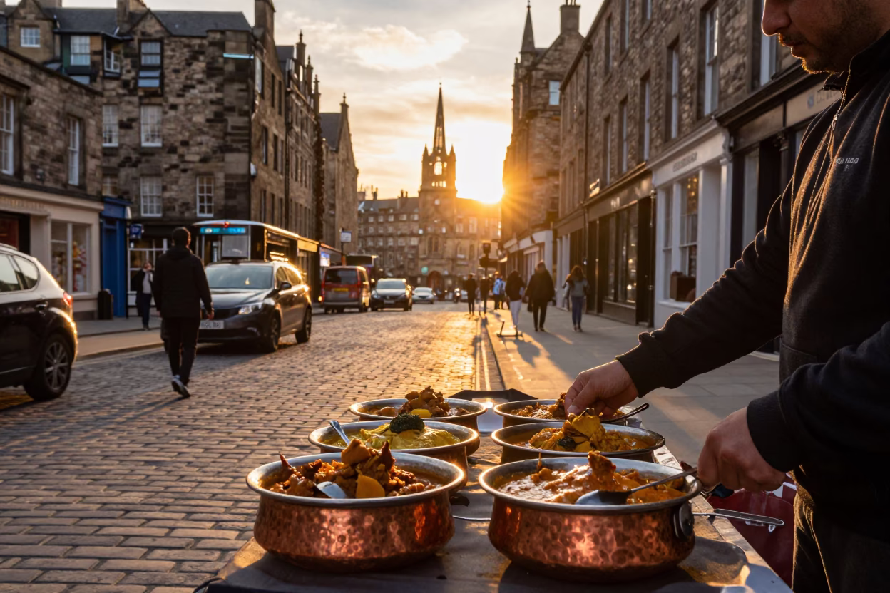 Edinburgh Sunset Street Scene with Copper Bowls and Local Interaction in in Edinburgh, United Kingdom