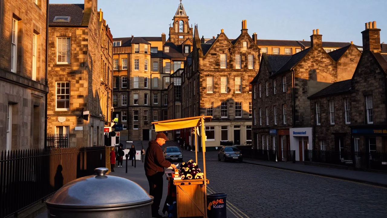 Edinburgh Sunset Street Scene with Eggplants and Pot Lid in in Edinburgh, United Kingdom