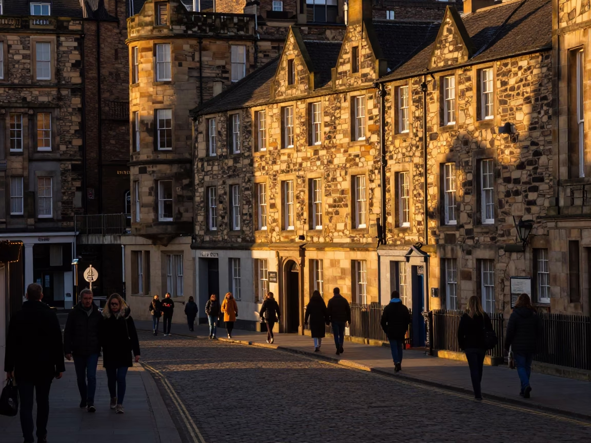 Edinburgh Sunset Street Scene with Historic Stone Architecture and Busy Pedestrian Traffic in in Edinburgh, United Kingdom