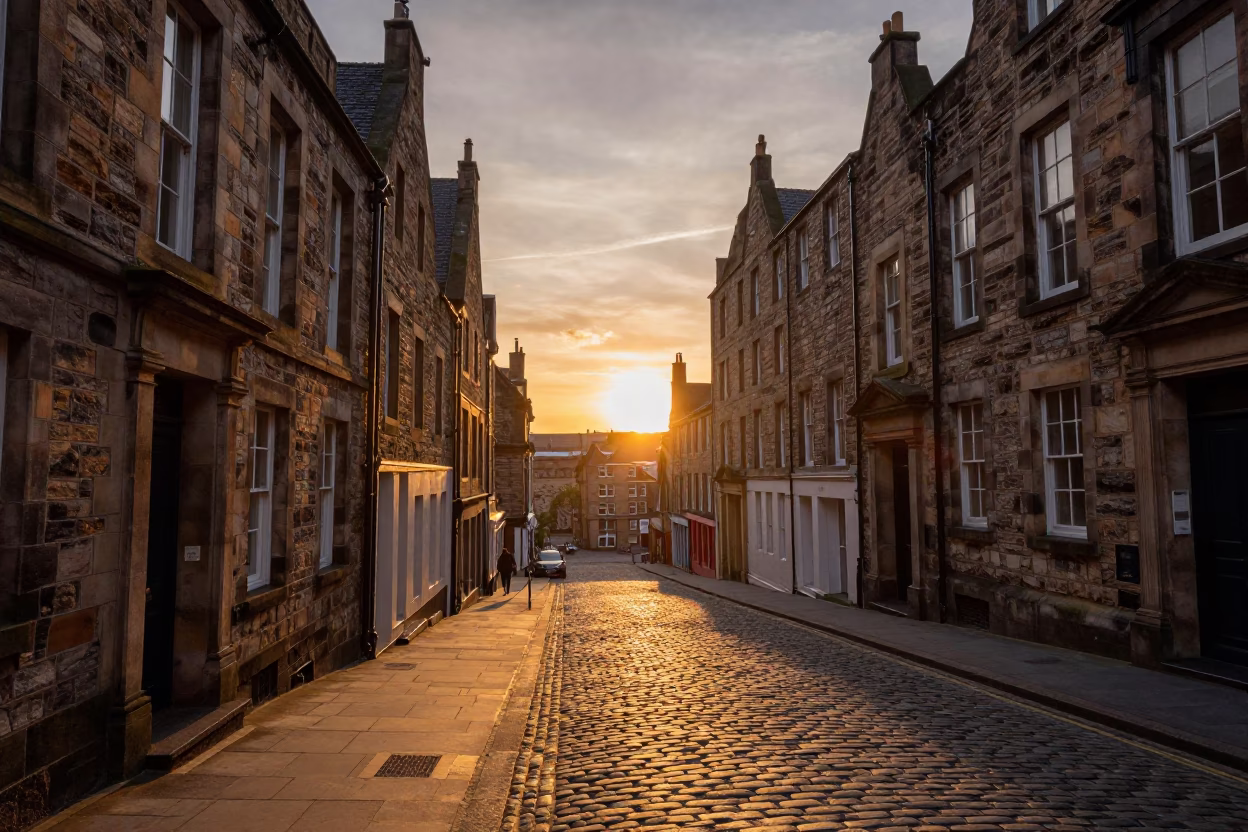 Edinburgh Sunset Street Scene with Historic Stone Architecture and Evening Commuters in in Edinburgh, United Kingdom