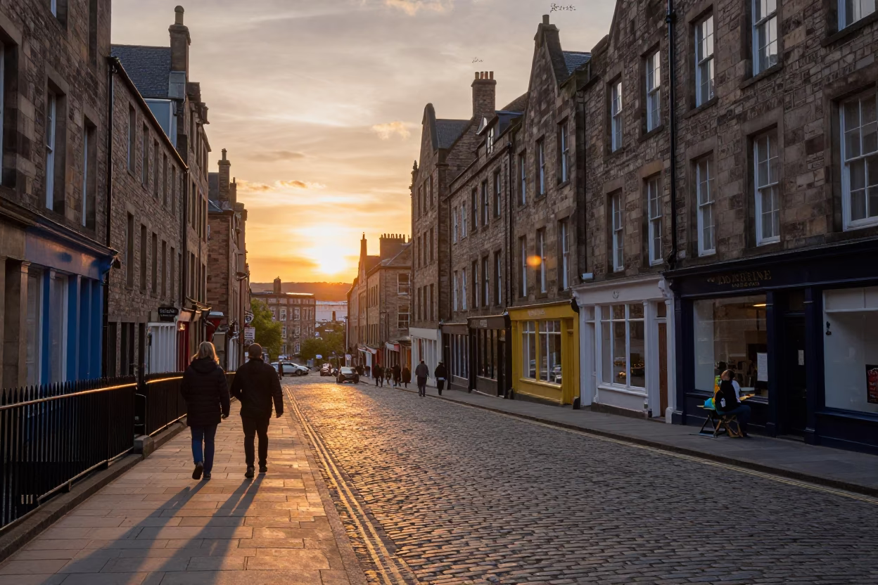 Edinburgh Sunset Street Scene with Paintbrush and Grease Sheen on Historic Wall in in Edinburgh, United Kingdom