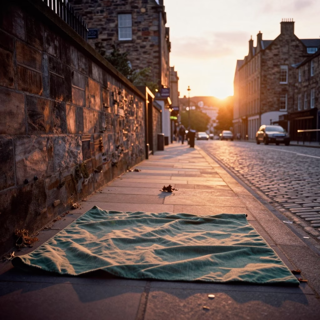 Edinburgh Sunset Street Scene with Picnic Blanket and Fallen Petals on Historic Path in in Edinburgh, United Kingdom