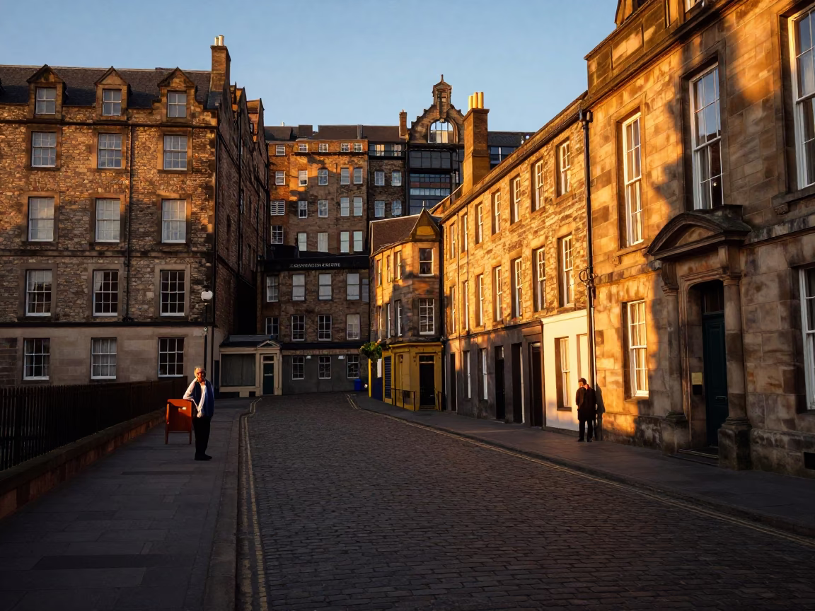 Edinburgh Sunset Street Scene with Pin Tin and Wooden Stool in in Edinburgh, United Kingdom