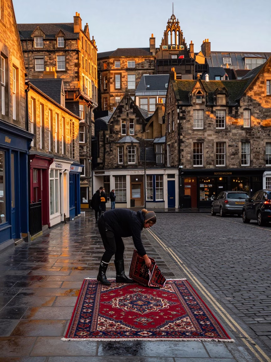 Edinburgh Sunset Street Scene with Rain Boots and Patterned Rug in in Edinburgh, United Kingdom