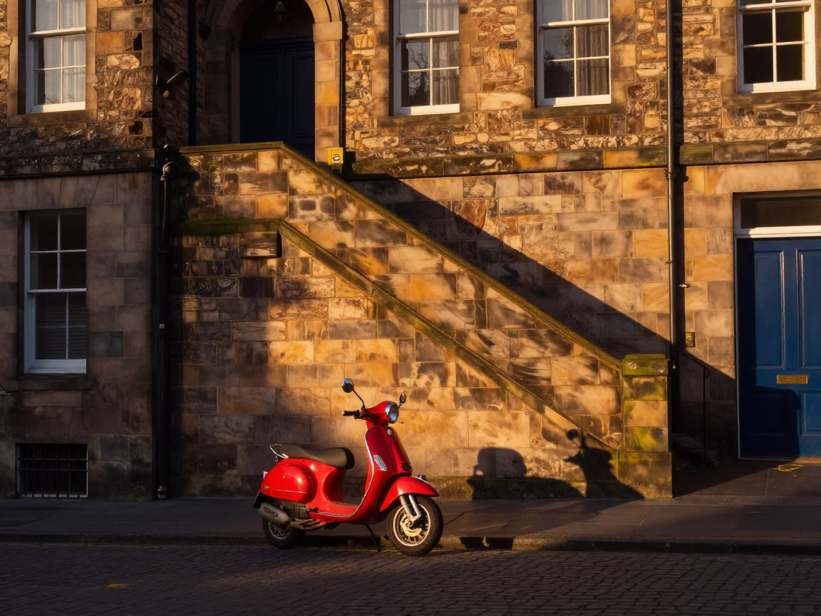 Edinburgh Sunset Street Scene with Scooter and Urban Details in in Edinburgh, United Kingdom