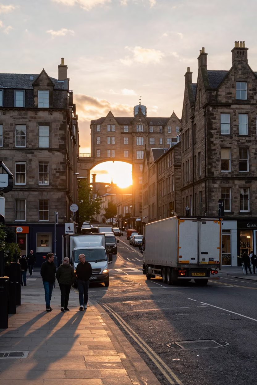 Edinburgh Sunset Street Scene with Semi-Trailer and Local Interaction in in Edinburgh, United Kingdom