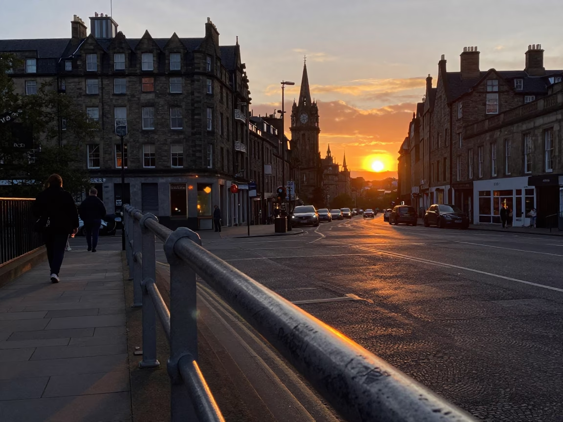 Edinburgh Sunset Street Scene with Smudges on Rail and Local Atmosphere in in Edinburgh, United Kingdom