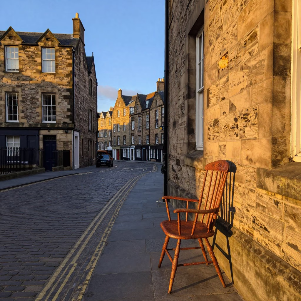 Edinburgh Sunset Street Scene with Spindle Chair and Rusty Hinge Details in in Edinburgh, United Kingdom