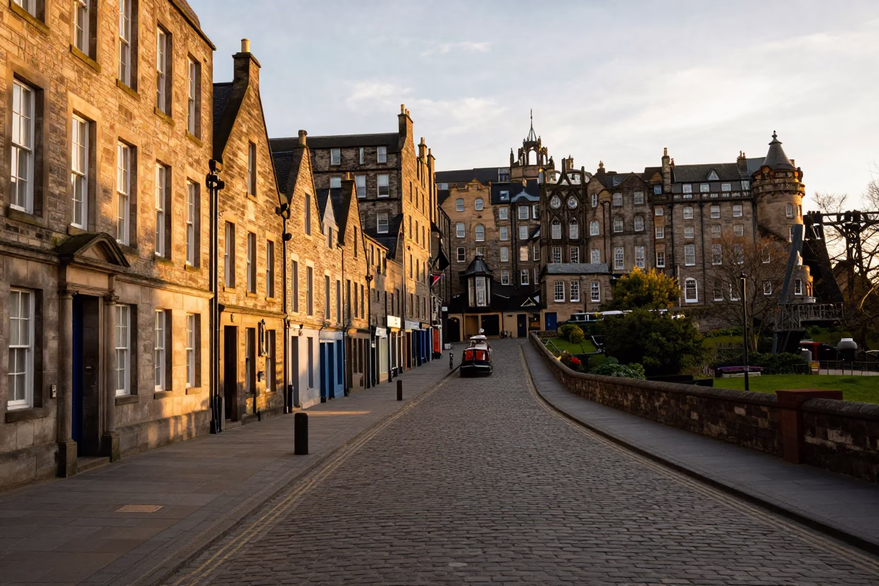 Edinburgh Sunset Street Scene with Stone Architecture and Local Pedestrians in in Edinburgh, United Kingdom