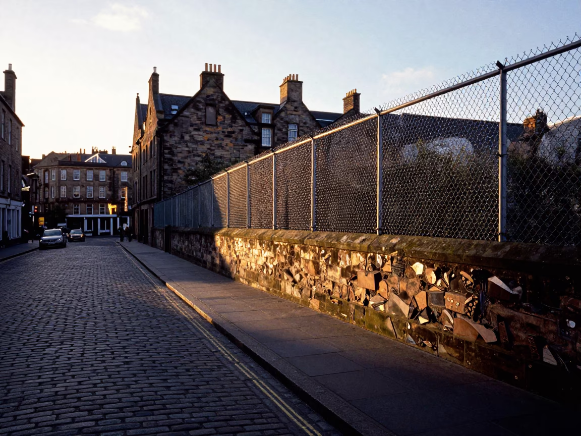 Edinburgh Sunset Street Scene with Substation Fence and Urban Details in in Edinburgh, United Kingdom