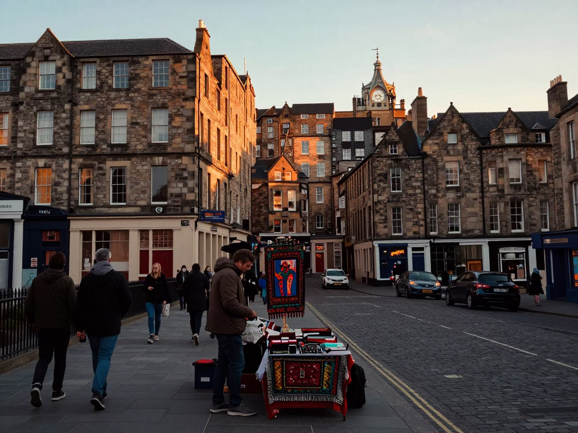 Edinburgh Sunset Street Scene with Tapestry Vendor and Historic Stone Architecture in in Edinburgh, United Kingdom
