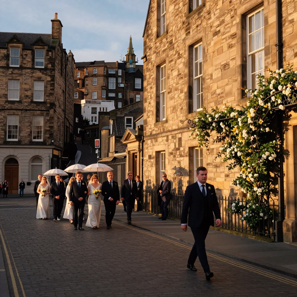 Edinburgh Sunset Street Scene with Traditional Wedding Procession and Climbing Jasmine Trellis in in Edinburgh, United Kingdom