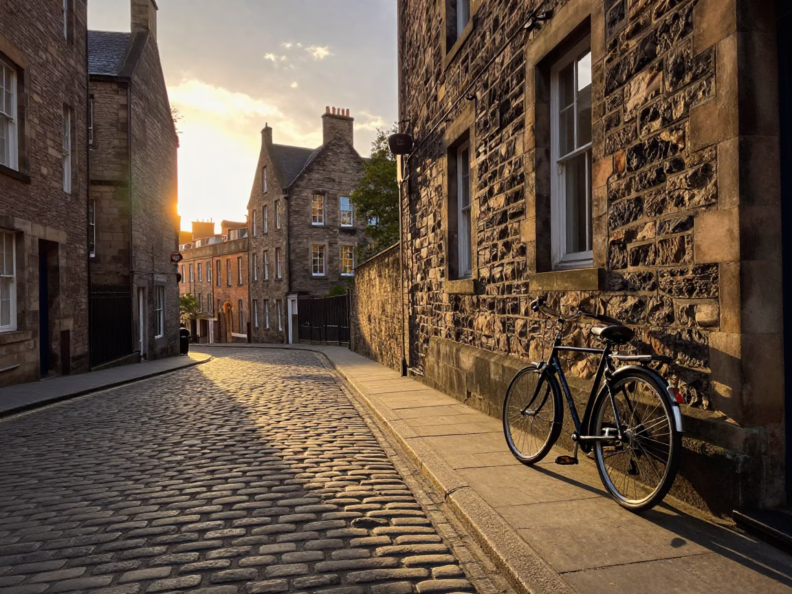 Edinburgh Sunset Street Scene with Vintage Bicycle and Cobblestone Alleyway in in Edinburgh, United Kingdom