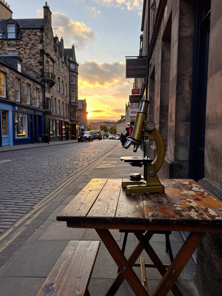 Edinburgh Sunset Street Scene with Vintage Brass Microscope and Tea Towel in in Edinburgh, United Kingdom