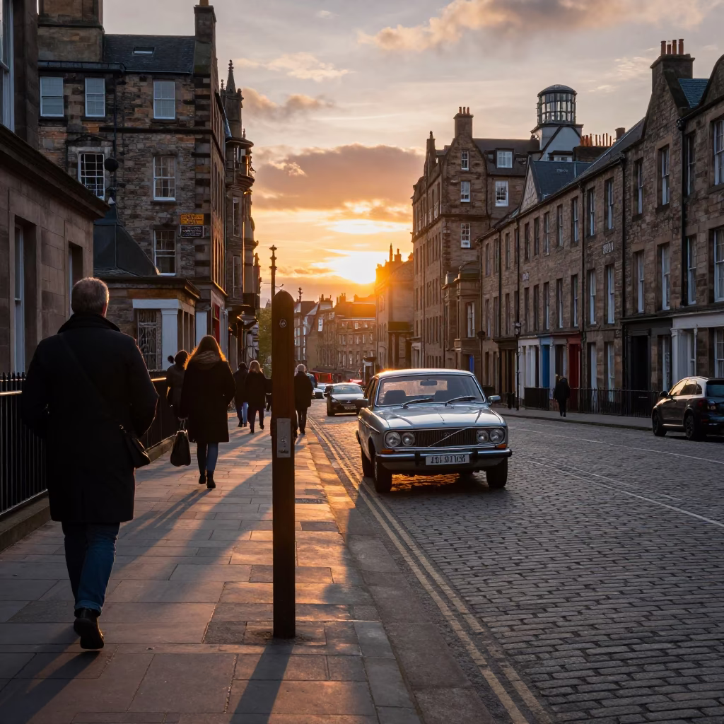 Edinburgh Sunset Street Scene with Vintage Car and Door Latch Detail in in Edinburgh, United Kingdom