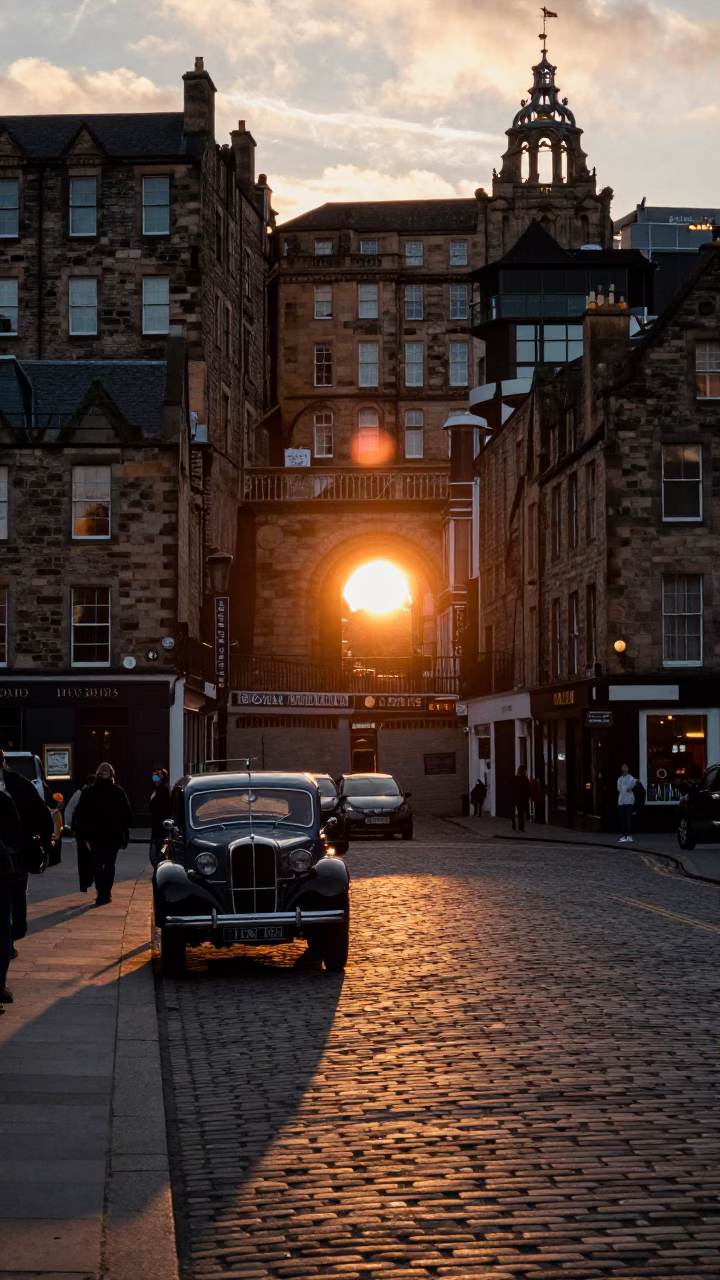 Edinburgh Sunset Street Scene with Vintage Car and Local Pedestrians Near Grassmarket in in Edinburgh, United Kingdom