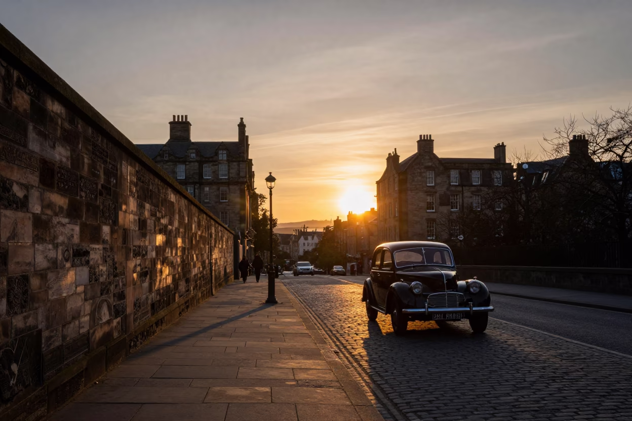 Edinburgh Sunset Street Scene with Vintage Car and Substation Fence Dew in in Edinburgh, United Kingdom
