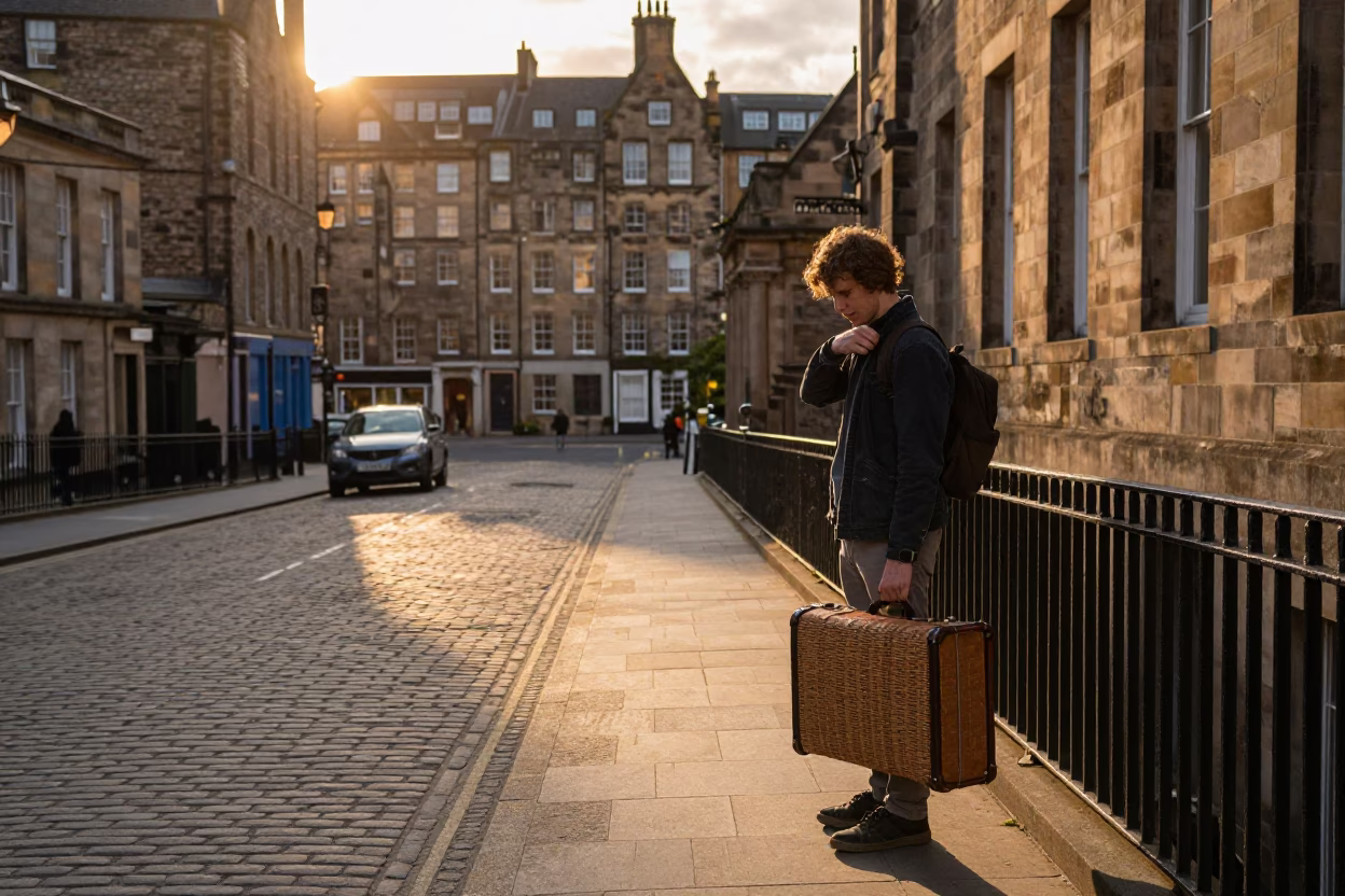 Edinburgh Sunset Street Scene with Vintage Luggage and Wicker Basket Near Castle in in Edinburgh, United Kingdom